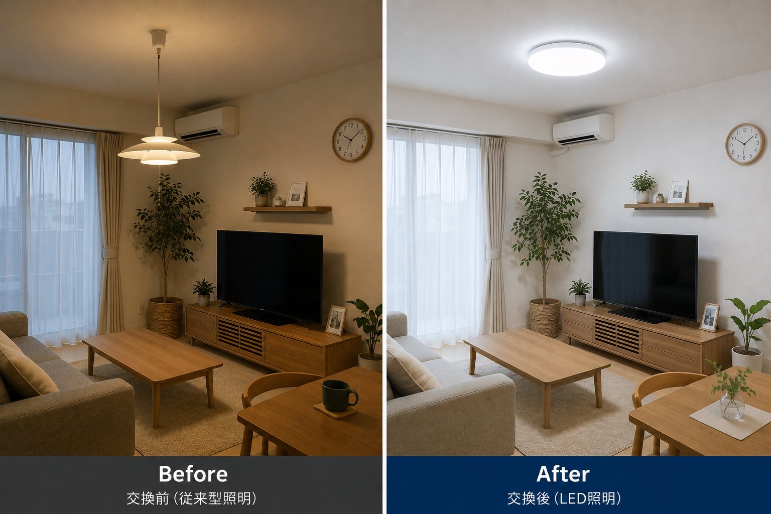 一般家庭リビング照明のLED化 Before After