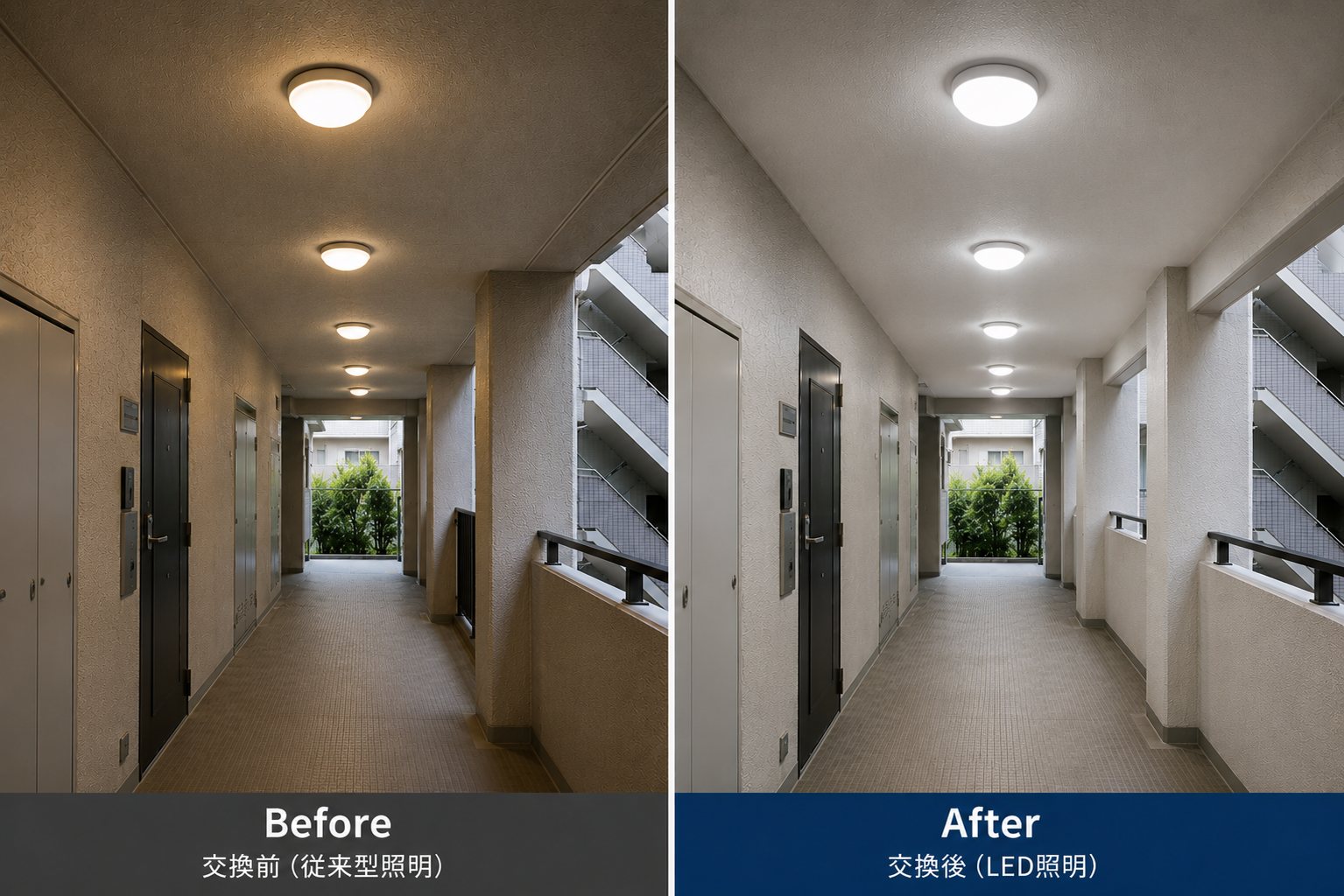 マンション共用部照明のLED化 Before After